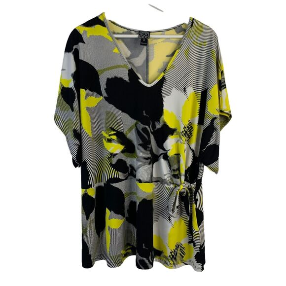 Clara Sun Woo Plus 2X Top Side Tie Tunic Yellow Black Floral Stripe Print Blouse - Picture 2 of 8